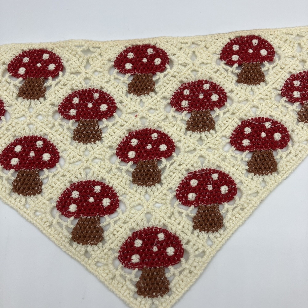 Crochet Mushroom Bandana Hair Kerchief Cottagecore Boho Head Scarf Red Cream Hip - Picture 6 of 10